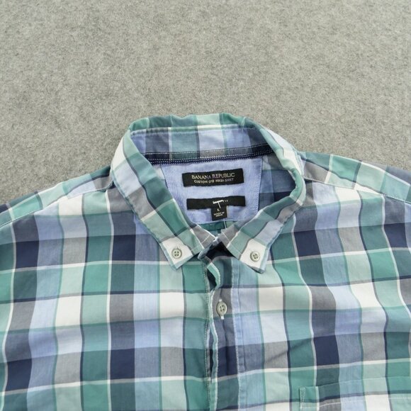 Banana Republic Shirt Mens Large Green Blue Button Up Plaid Slim Custom - Picture 3 of 14